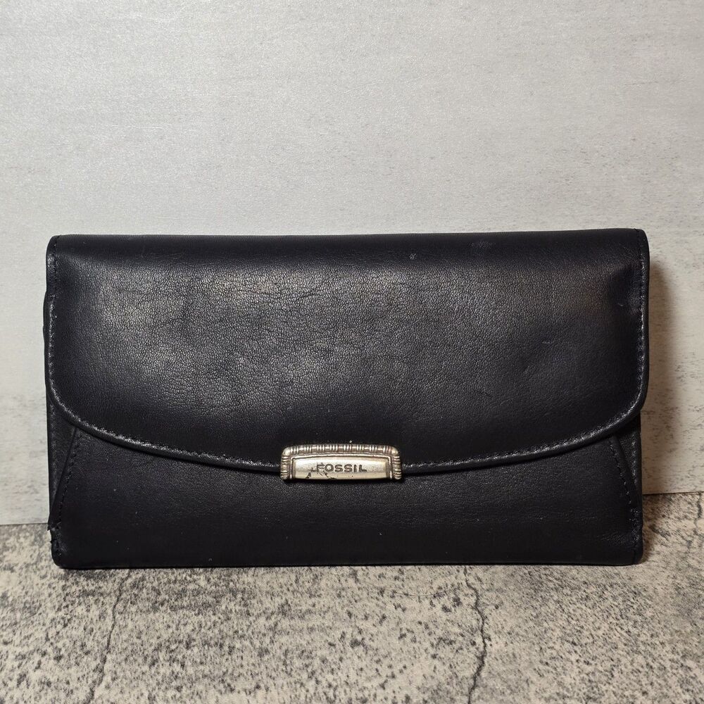Fossil Leather Wallet Black Trifold Removeable Checkbook Organizer Vintage